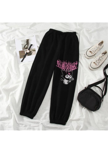 Kuromi Pink Baskılı Oversize Siyah Eşofman Altı