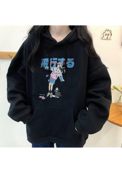 Anime Girl & Cat Baskılı Siyah Oversize Kapüşonlu Sweatshirt