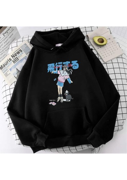 Anime Girl & Cat Baskılı Siyah Oversize Kapüşonlu Sweatshirt