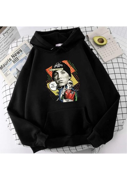 Eminem Ready For Action Baskılı Siyah Oversize Kapüşonlu Sweatshirt