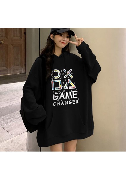 Game Changer Baskılı Siyah Oversize Kapüşonlu Sweatshirt