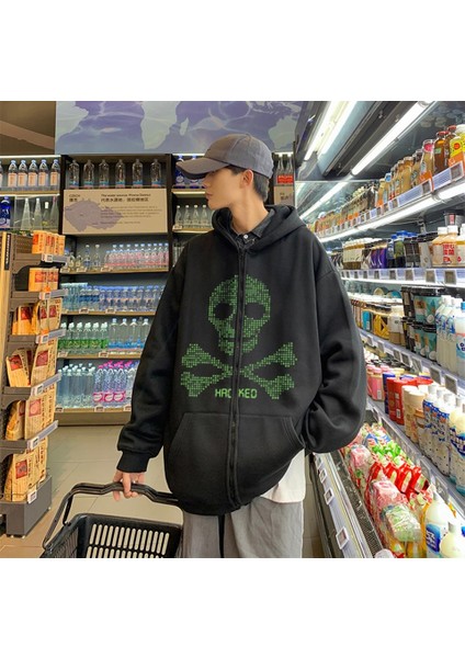 Hacked Baskılı Oversize Fermuarlı Siyah Kapüşonlu Hırka