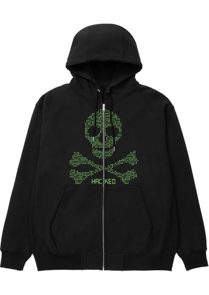 Hacked Baskılı Oversize Fermuarlı Siyah Kapüşonlu Hırka fiyatları