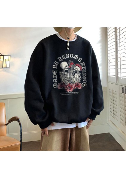 Skulls In Love Baskılı Siyah Unisex Oversize Bisiklet Yaka Sweatshirt