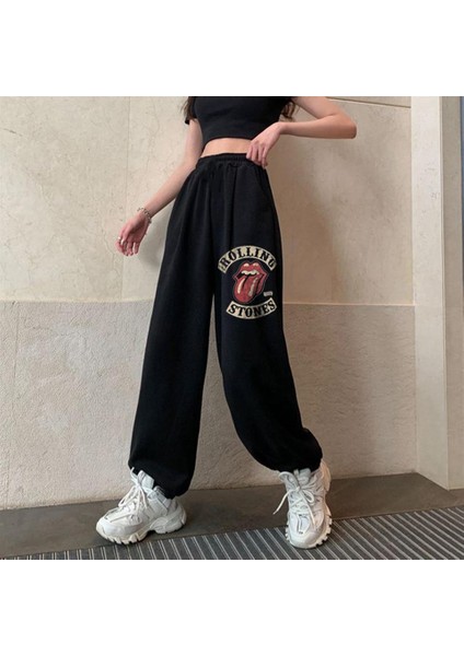 Rock Serisi Rolling Stones Vintage Baskılı Oversize Unisex Siyah Eşofman Altı