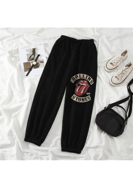 Rock Serisi Rolling Stones Vintage Baskılı Oversize Unisex Siyah Eşofman Altı