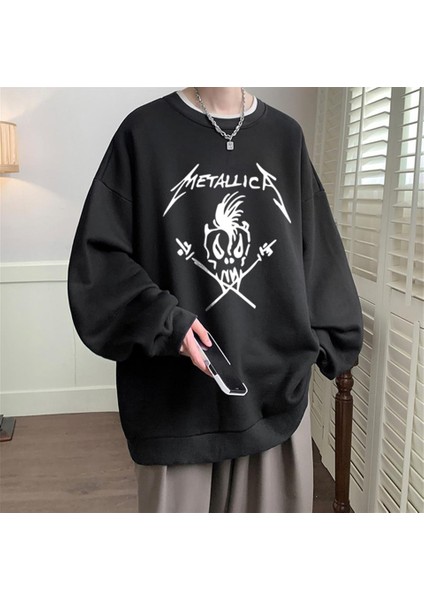 Metallica Skull Baskılı Siyah Oversize Bisiklet Yaka Sweatshirt