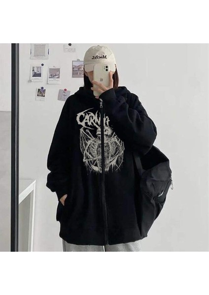 Carnifex Baskılı Oversize Fermuarlı Siyah Kapüşonlu Hırka fiyatları