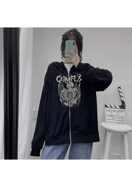 Carnifex Baskılı Oversize Fermuarlı Siyah Kapüşonlu Hırka modelleri