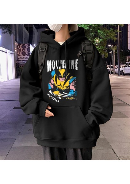 Wolverine Baskılı Siyah Unisex Oversize Kapüşonlu Sweatshirt