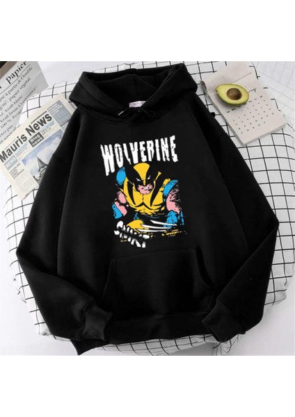 Wolverine Baskılı Siyah Unisex Oversize Kapüşonlu Sweatshirt