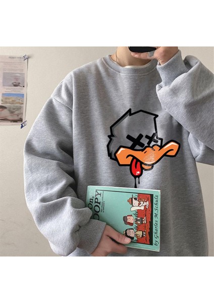 Tired Duck Baskılı Gri Unisex Oversize Bisiklet Yaka Sweatshirt