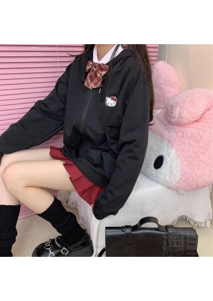 Hello Kitty Head Baskılı Oversize Fermuarlı Siyah Kapüşonlu Hırka