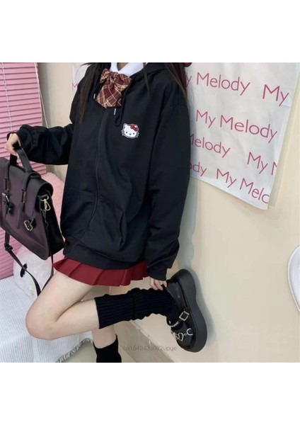 Hello Kitty Head Baskılı Oversize Fermuarlı Siyah Kapüşonlu Hırka fiyatları