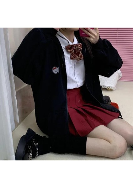 Hello Kitty Head Baskılı Oversize Fermuarlı Siyah Kapüşonlu Hırka indirimleri