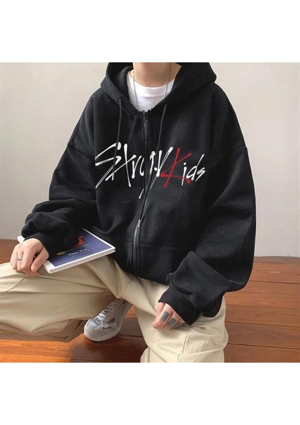 Stray Kids Baskılı Oversize Fermuarlı Siyah Kapüşonlu Hırka