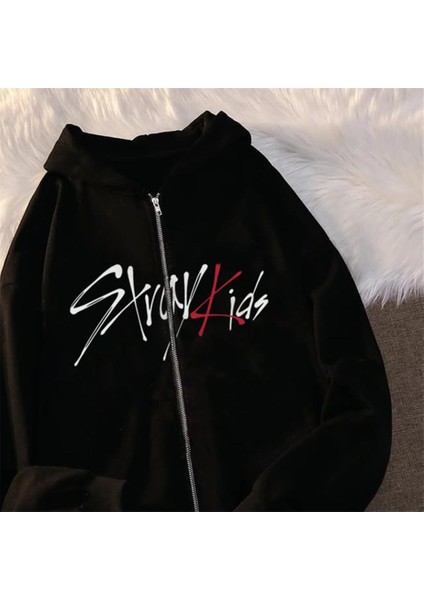 Stray Kids Baskılı Oversize Fermuarlı Siyah Kapüşonlu Hırka fiyatları