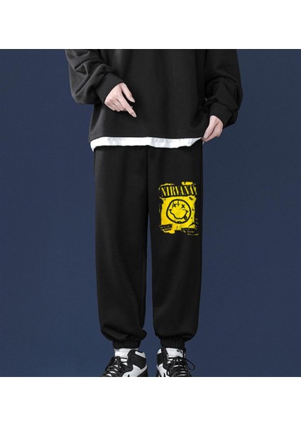 Rock Serisi Nirvana Smile Baskılı Oversize Unisex Siyah Eşofman Altı