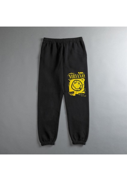 Rock Serisi Nirvana Smile Baskılı Oversize Unisex Siyah Eşofman Altı