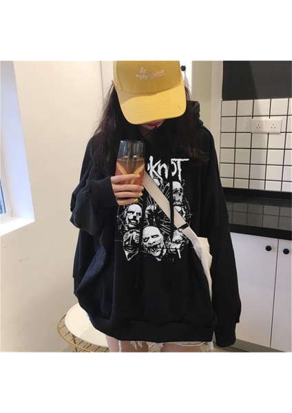 Slipknot Skulls Baskılı Siyah Oversize Kapüşonlu Sweatshirt