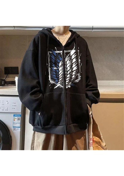 Attack On Titan New Logo Baskılı Oversize Fermuarlı Siyah Kapüşonlu Hırka