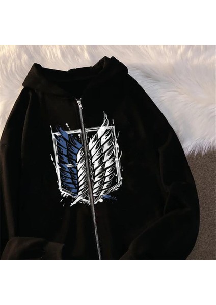 Attack On Titan New Logo Baskılı Oversize Fermuarlı Siyah Kapüşonlu Hırka fiyatları
