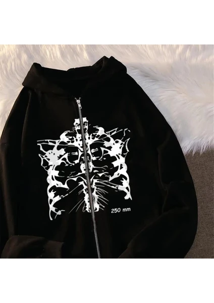 Touz Moda  Aesthetic Skeleton Baskılı Oversize Fermuarlı Siyah Unisex Kapüşonlu Hırka