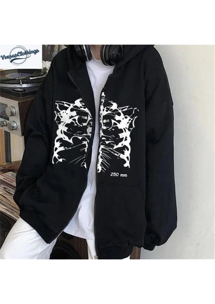 Aesthetic Skeleton Baskılı Oversize Fermuarlı Siyah Unisex Kapüşonlu Hırka