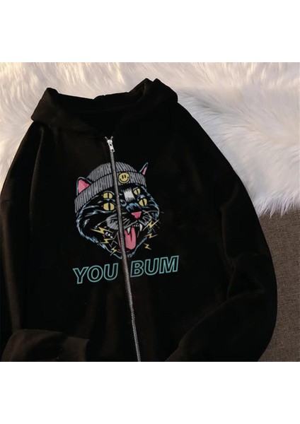 You Bum Cat Baskılı Oversize Fermuarlı Siyah Kapüşonlu Hırka