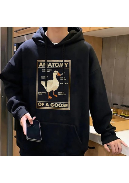 Duck Anatomy Baskılı Siyah Oversize Kapüşonlu Sweatshirt