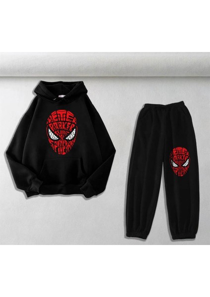 Spider-Man Head Baskılı Siyah Sweatshirt-Eşofman Altı İkili Takım