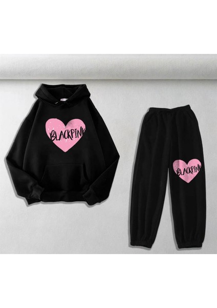 Baskılı Siyah Sweatshirt-Eşofman Altı İkili Takım