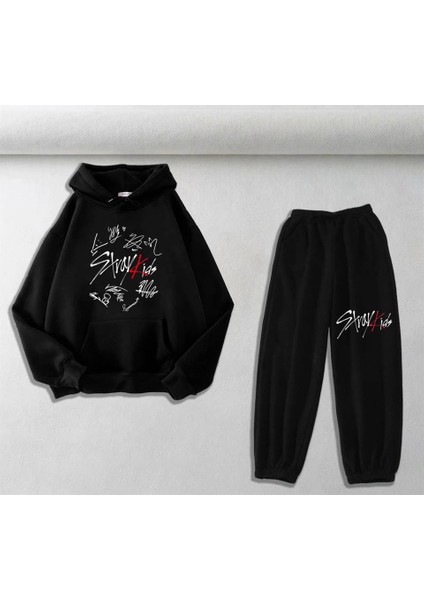 Stray Kids Baskılı Siyah Sweatshirt-Eşofman Altı İkili Takım