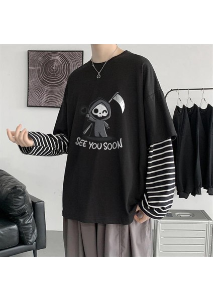 Halloween See You Soon Witch Baskılı Fake Sleeves Siyah T-Shirt