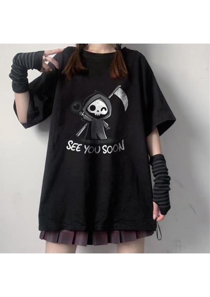 Halloween See You Soon Baskılı Siyah Oversize T-Shirt