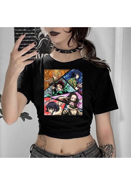 Anime Deoman Slayer Kolaj Baskılı Siyah Crop