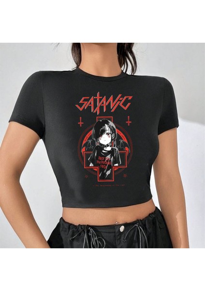 Gothic Satanic Girl Baskılı Siyah Crop fiyatları