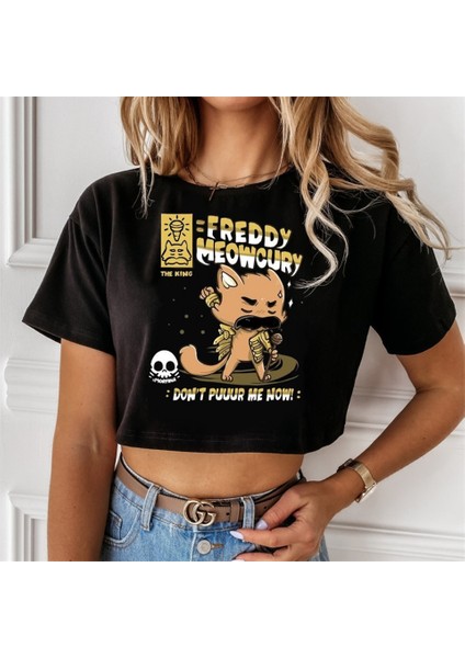Freeddy Meowcury Baskılı Siyah Crop