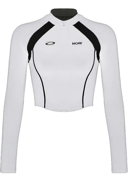 Y2K Streetwear More Baskılı Beyaz Uzun Kollu Yarım Fermuarlı Crop