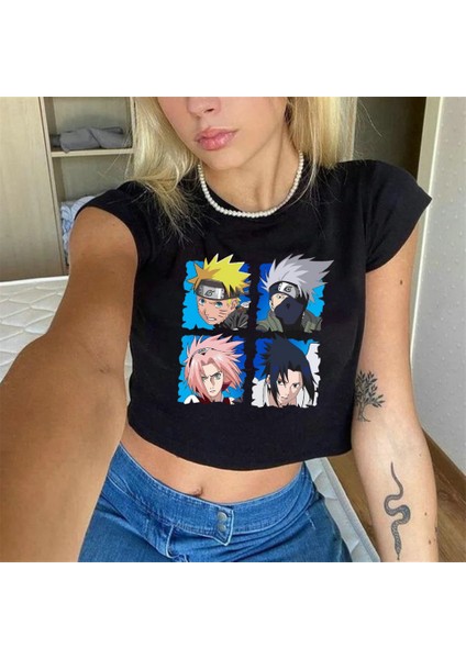 Anime Naruto Baskılı Siyah Crop