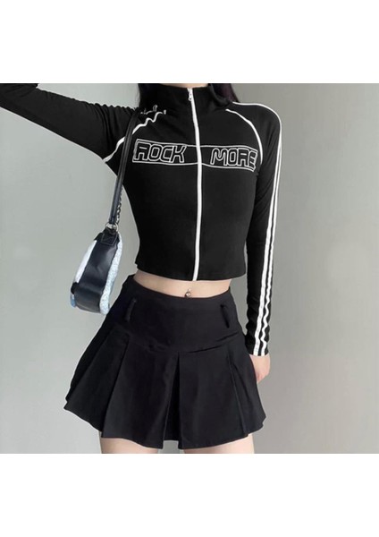 Y2K Streetwear Rockmore Baskılı Siyah Uzun Kollu Fermuarlı Crop