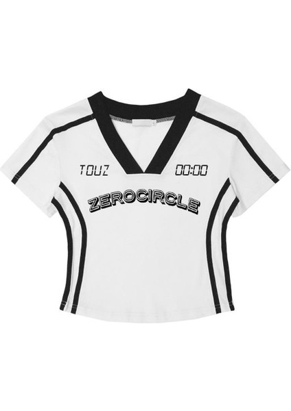 Y2K Zerocircle Baskılı V Yaka Şeritli Beyaz Crop fiyatları