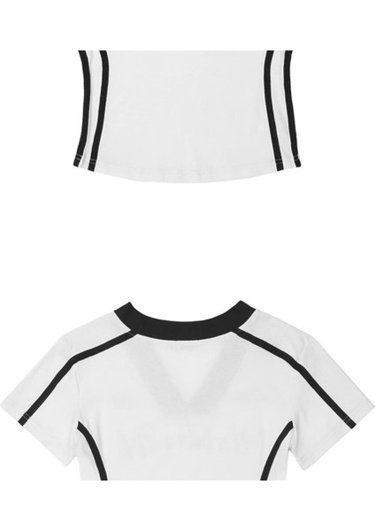 Y2K Zerocircle Baskılı V Yaka Şeritli Beyaz Crop fırsatları