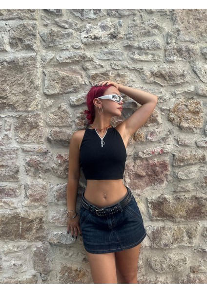 Y2K Zip Detail Yarım Fermuarlı Kolsuz Siyah Crop