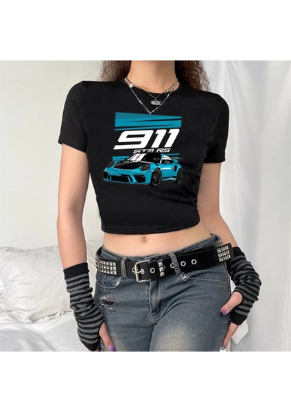 911 Stars Baskılı Siyah Crop