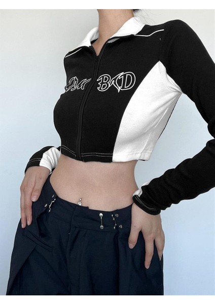 Touz Moda Y2K I Am Bad Baskılı Fermuarlı Siyah Crop HBCV000057G03L