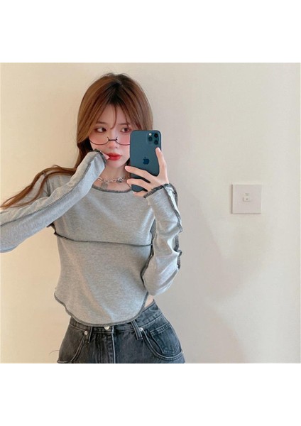 Y2K Streetwear Ters Dikiş Detaylı Uzun Kollu Gri Crop fiyatları