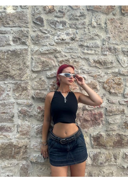 Y2K Zip Detail Yarım Fermuarlı Kolsuz Siyah Crop