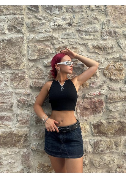 Y2K Zip Detail Yarım Fermuarlı Kolsuz Siyah Crop