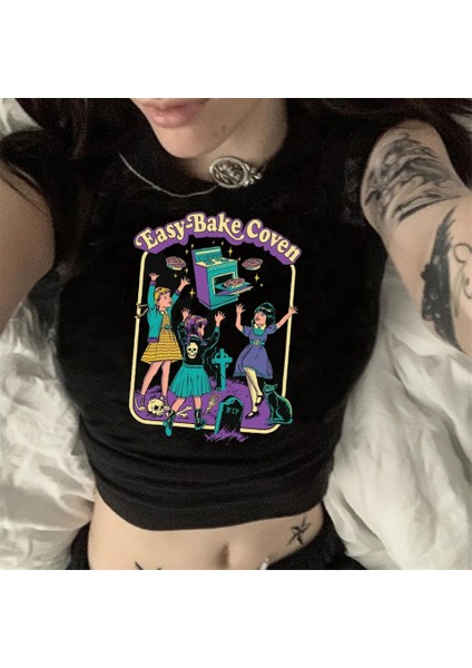 Gothic Easy-Bake Coven Baskılı Siyah Crop